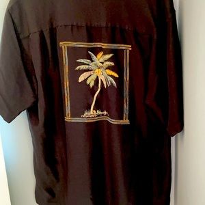 black button down with palm tree embroidered